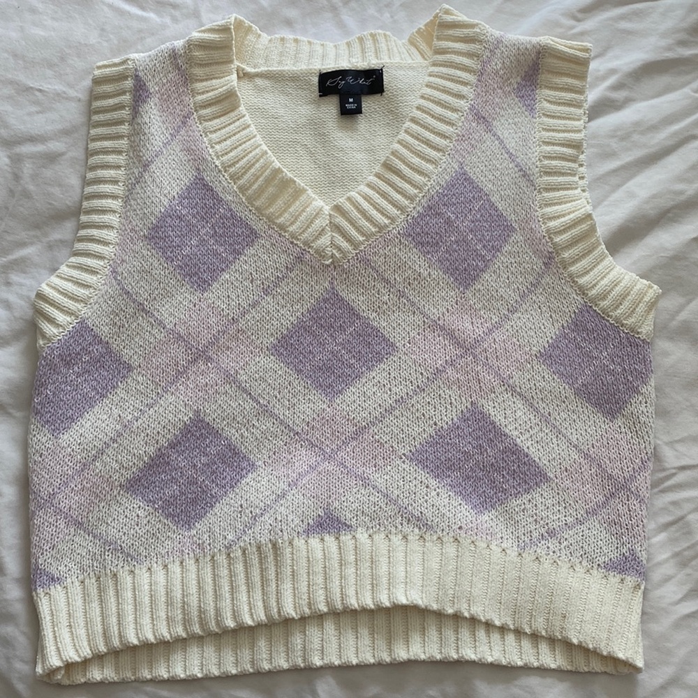 Say What Cream with Pink and Purple Cropped Sweater Vest (size M)